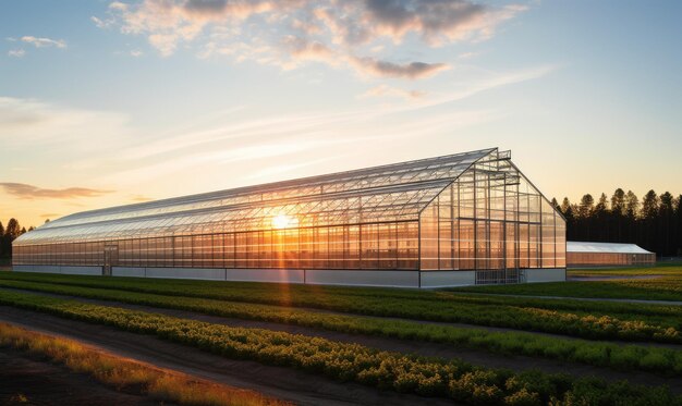 A large greenhouse sitting on top of a lush green field