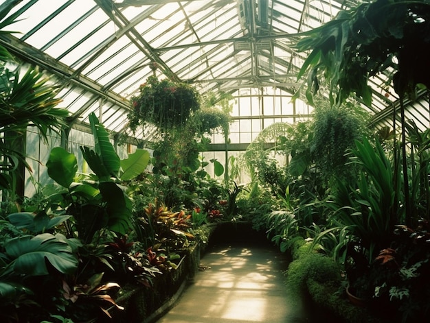 A large greenhouse with a lot of plants on it