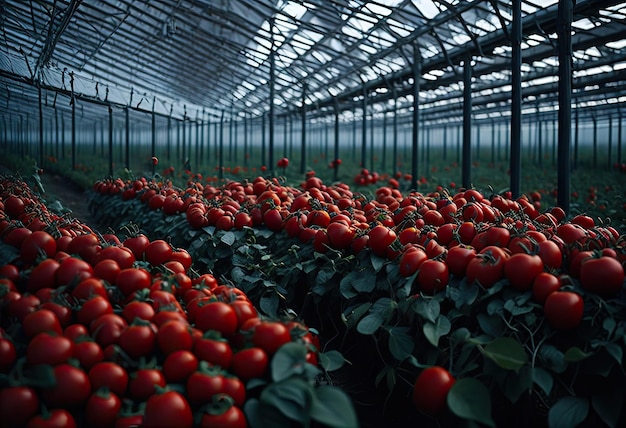 A large greenhouse with many tomatoes on the top and the bottom of the frame.