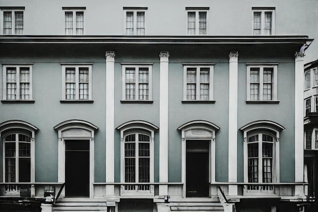 Large grey building with arched decorations and front door of house