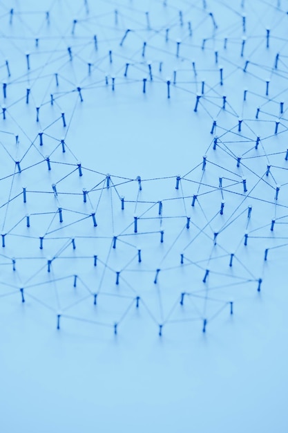 A large grid of pins connected with string communication\
technology network concept