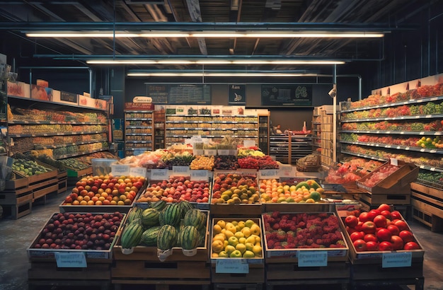 Foto un grande negozio di alimentari che mostra cibi freschi e frutta