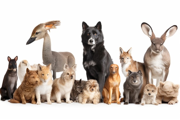 Foto grande gruppo di tutti gli animali insieme su sfondo bianco