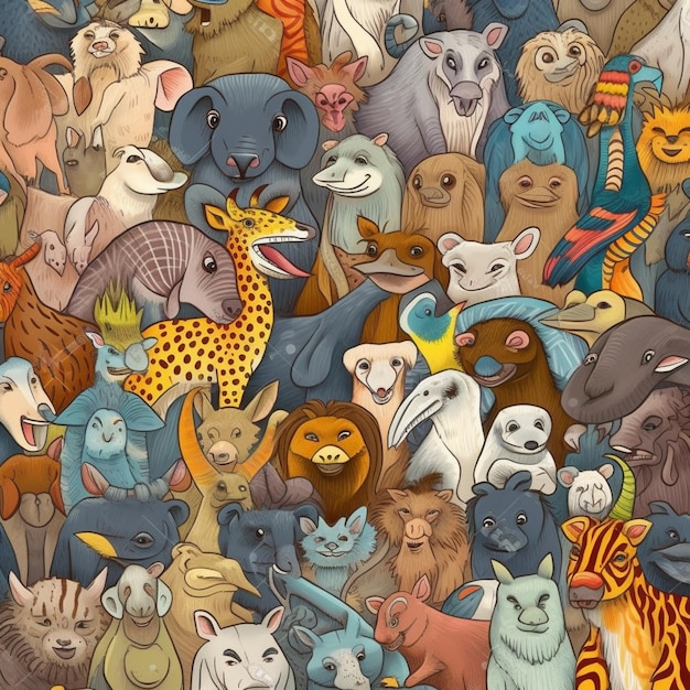 Foto un grande gruppo di animali tra cui un leone, una tigre, una tigre, una tigre, una tigre, una tigre, una tigre, una tigre, una tigre, una tigre, una tigre