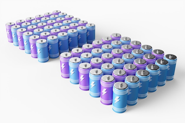 Large group of batteries on a white background. 3d render illustration.