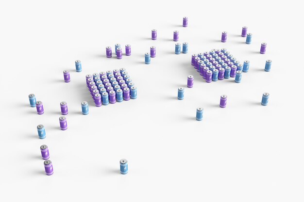 Large group of batteries on a white background. 3d render illustration.