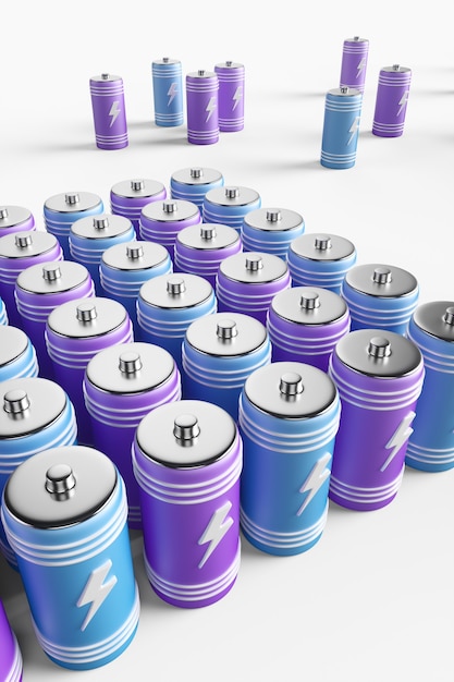 Large group of batteries on a white background. 3d render illustration.