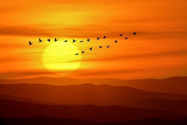 Large group birds in flight above the mountains animals in the wild travel migration and ecology concept