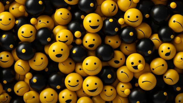 a large group of black and yellow smiley faces