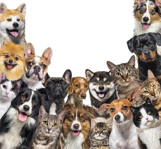 Large group of cats and dogs looking at the camera on blue