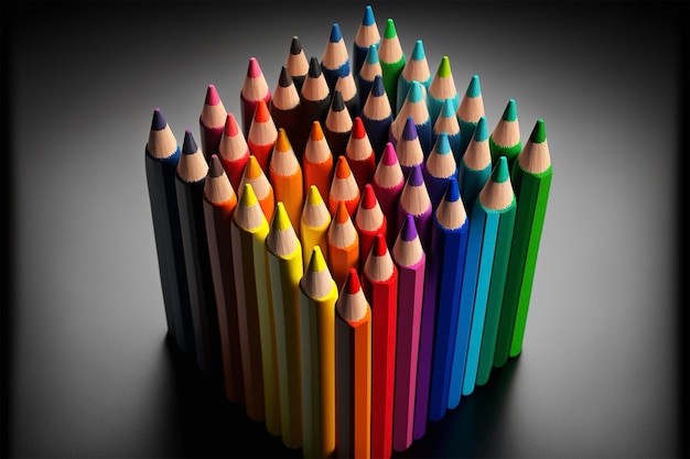 A large group of colored pencils are arranged in a square