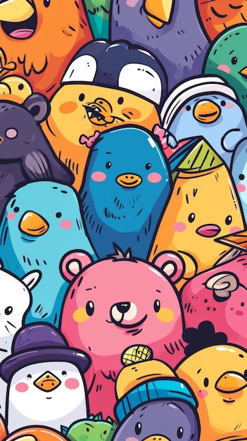 모자를 쓴 다채로운 곰의 큰 그룹