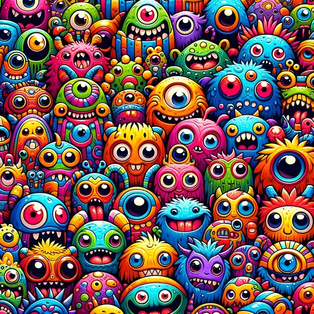 A large group of colorful cartoon monsters designed in a vivid comicstyle