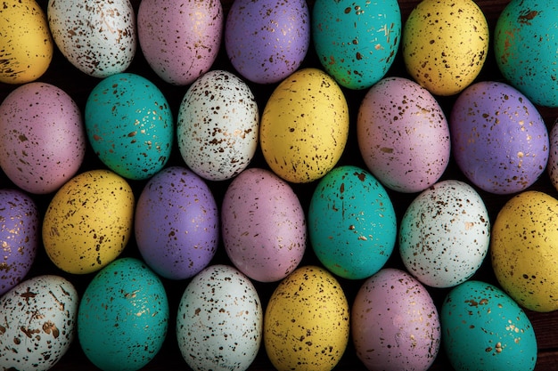 A large group of colorful eggs are arranged in rows.