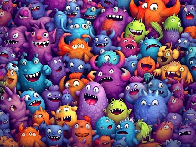 a large group of colorful monsters with the word monster on the top.