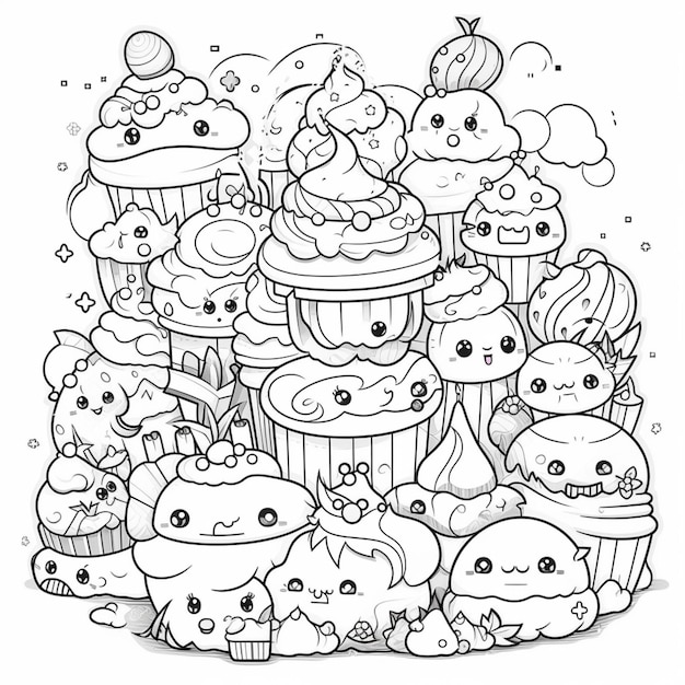 다양한 얼굴과 얼굴을 가진 귀여운 컵케이크의 큰 그룹