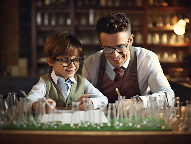 Large group of diverse children wearing lab coats in chemistry class while enjoying science experiments