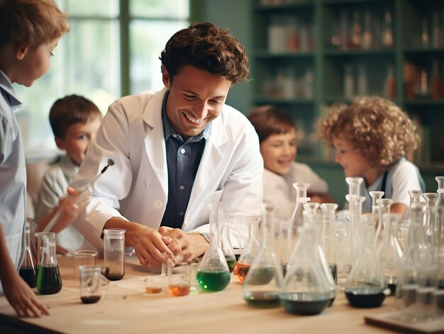 Foto un grande gruppo di bambini diversi che indossano camicie da laboratorio in classe di chimica