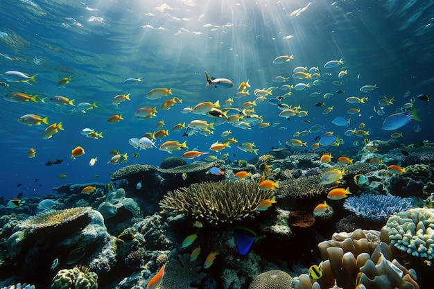 A large group of fish swimming over a coral reef