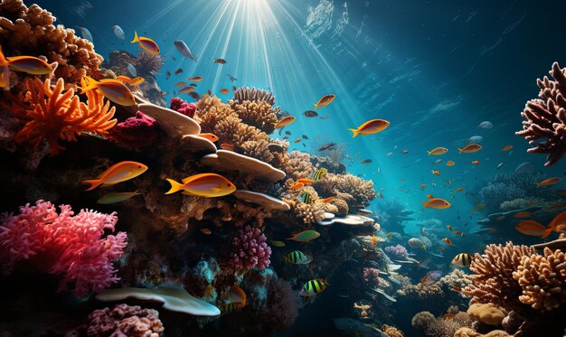 Photo large group of fish swimming over coral reef