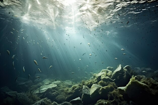 Большая группа рыб, плавающих в океане.