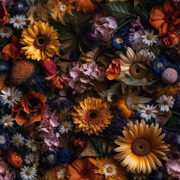 A large group of flowers are on a table.