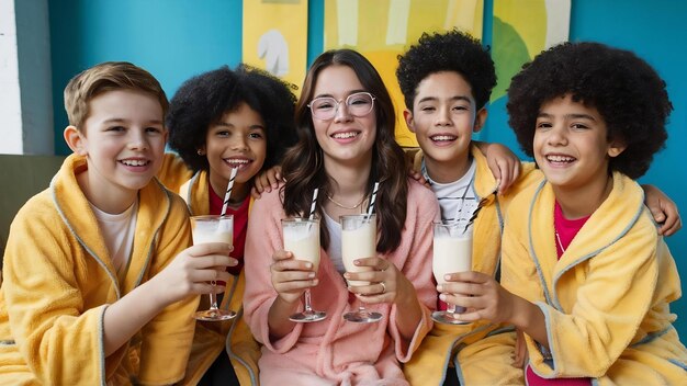 Photo large group of friends taking goog time with milk cocktails