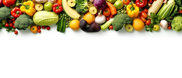 A large group of fruits and vegetables on a white background with a blank space for a text or image