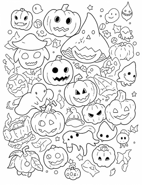 Большая группа раскрасок на Хэллоуин с тыквами и призрачным генеративным искусственным интеллектом