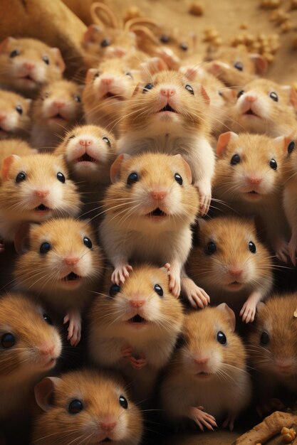 A large group of hamsters sitting on top of each other This adorable image can be used to depict teamwork unity or even the concept of support and togetherness in any project or design