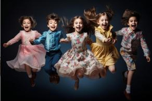 Photo large group of happy cheerful sportive children jumping sporting and dancing isolated over white