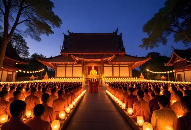 Photo a large group of monks are sitting in front of a temple