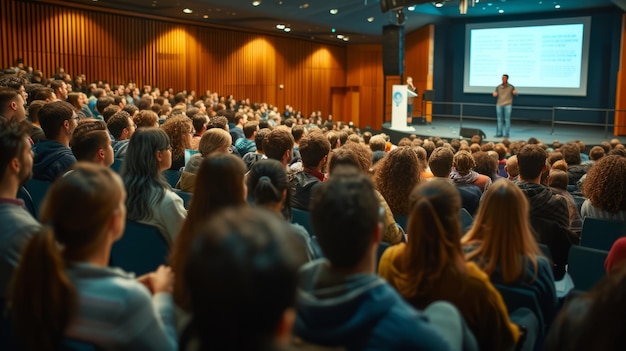 写真 大学 の 講義 室 で 男性 の 教授 が プレゼンテーション を 行なっ て いる こと を 聞い て いる 大勢 の 学生 たち