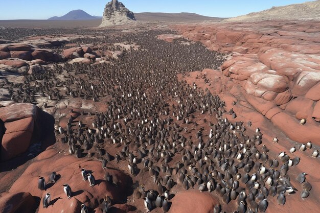 a large group of penguins are on a field of rocks