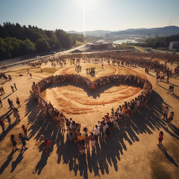 A large group of people are gathered around a heart that says love