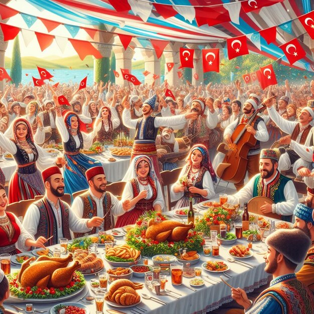 a large group of people are gathered around a table with food and flags