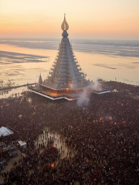 Photo a large group of people are gathered around a temple with a large pyramid on the top