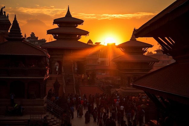 a large group of people are gathered in front of a building with a sunset in the background