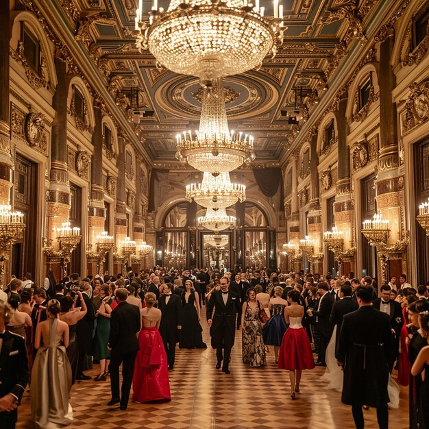 a large group of people are walking in a hall with chandeliers