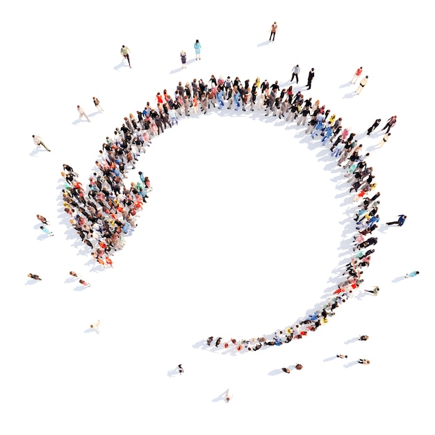 Large group of people in the form of arrows, business, and technology. Isolated, white background.