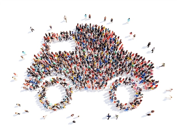 Large group of people in the form of the car. Isolated, white background.