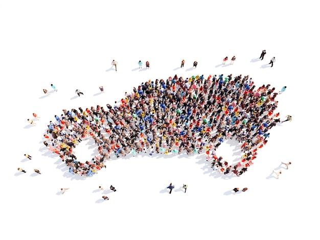 Large group of people in the form of a car. Isolated, white background.