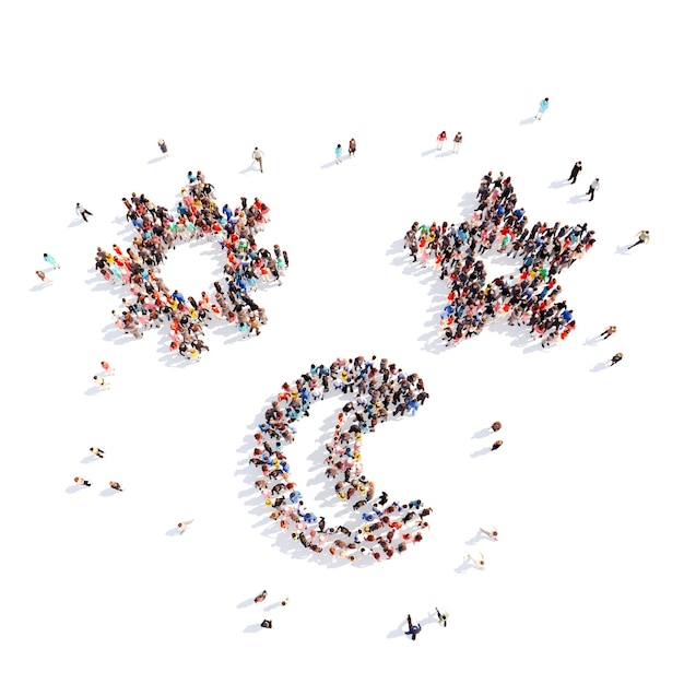 Large group of people in the form of a children's toy. Isolated, white background.