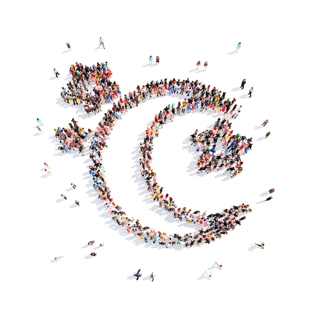 Large group of people in the form of a children's toy. Isolated, white background.