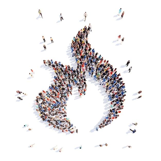 Large group of people in the form of a flame of fire Isolated white background