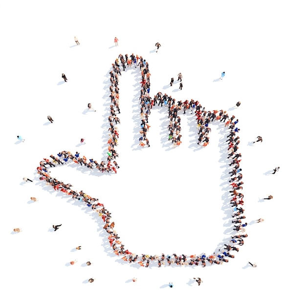 A large group of people in the form of a hand