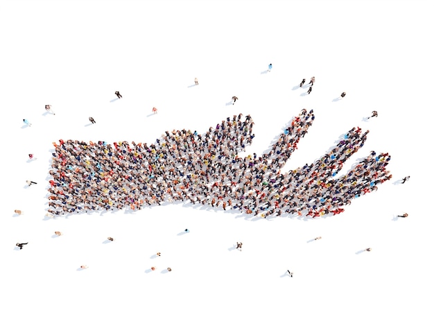 A large group of people in the form of a hand