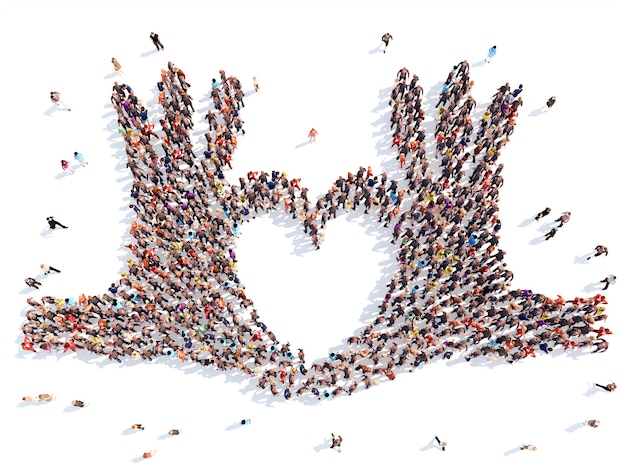 A large group of people in the form of a hand