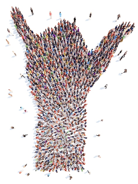 A large group of people in the form of a hand