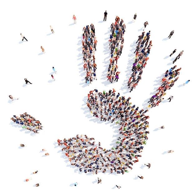 A large group of people in the form of a hand